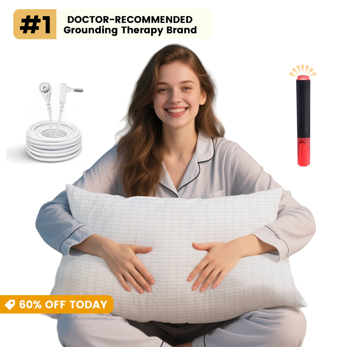 Woman holding a YONWOLD grounding pillowcase with grounding cord and testing pen, doctor-recommended badge