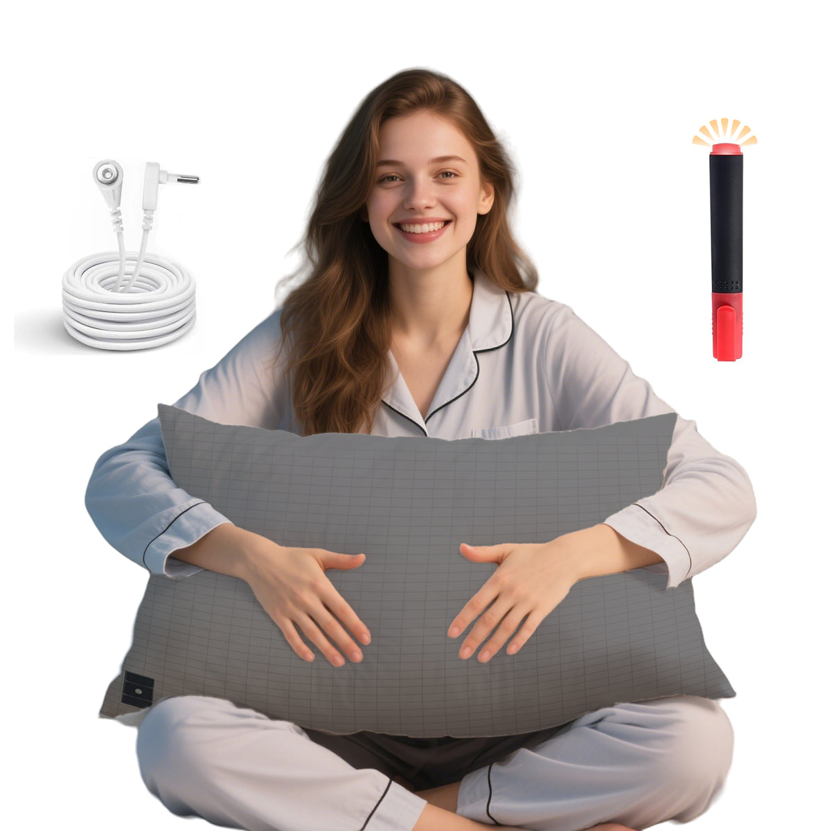 Woman holding a YONWOLD grounding pillowcase with coiled cord and glowing testing pen