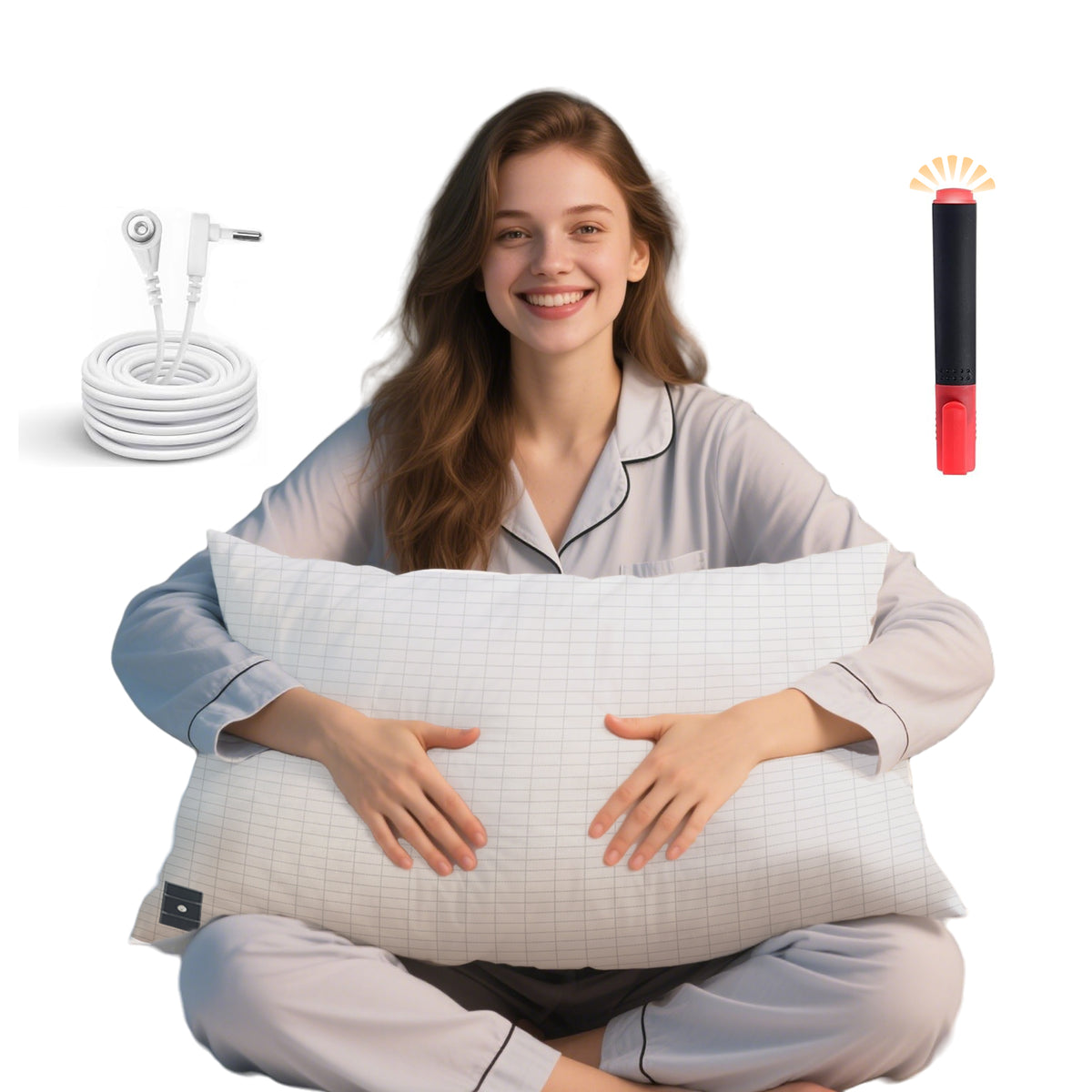 Woman holding a YONWOLD grounding pillowcase with snap connector, coiled cord and testing pen