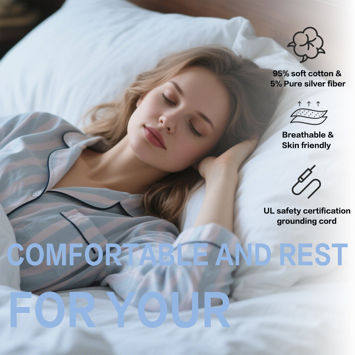 Woman sleeping on a YONWOLD grounding sheet made of 95% cotton and 5% silver fiber with UL-certified cord
