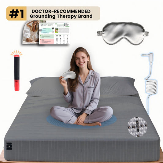 Woman on a YONWOLD grounding fitted sheet with sleep mask, tester pen and grounding cord