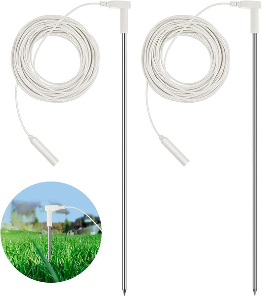 Two YONWOLD grounding rods with coiled white wires and a close-up of a rod installed in a lawn