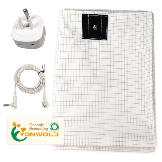YONWOLD organic grounding sheet with snap connector, coiled grounding cord and wall plug on white background