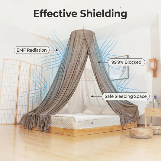 YONWOLD 100 percent silver fiber EMF canopy shielding a bed with 99.9 percent EMF blocked labels