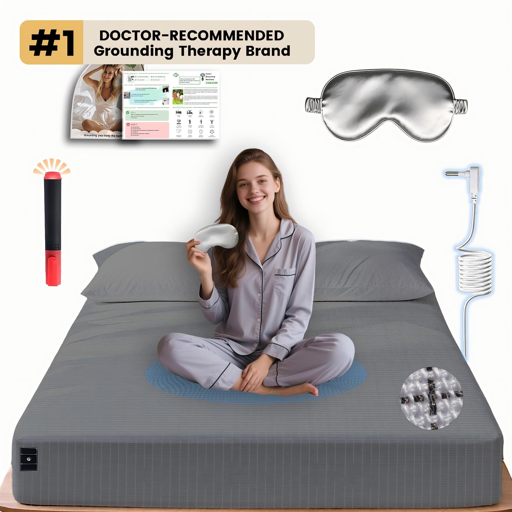 Woman on a  YONWOLD grounding fitted sheet with sleep mask, tester pen and grounding cord