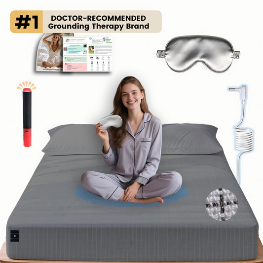 Woman on a  YONWOLD grounding fitted sheet with sleep mask, tester pen and grounding cord