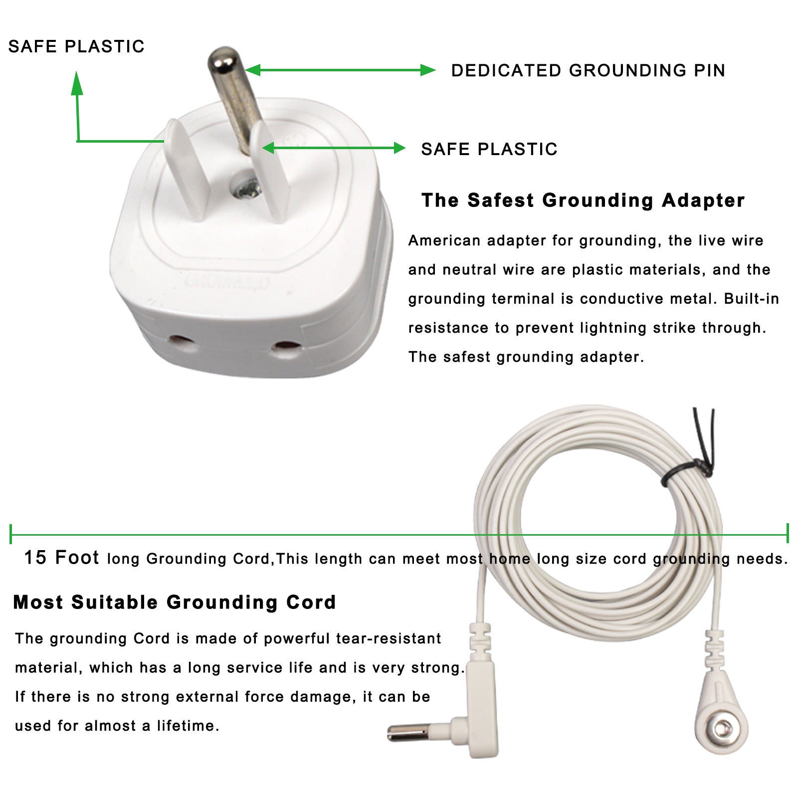 US Grounding Cord with Adapter Splitter, Plug Multiple Grounding Products in to Single Ground Port, Easy to Use for Sheet,mat,Pillowcase,15 FEET Long Cable